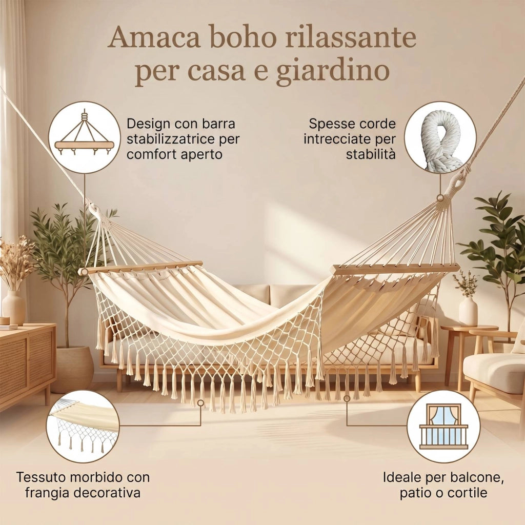 Marvin Amaca da Giardino Indonesia, Letto Dondolo da Esterno Campeggio, Barre di Legno, in Cotone Tessuto  BEIGE 200x100