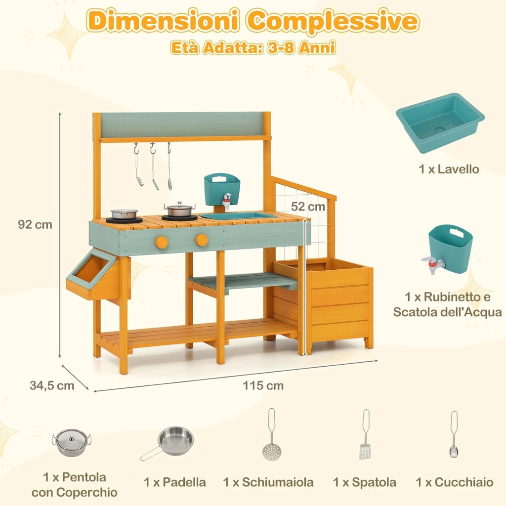 Cucina da Esterno in Legno per Bambini, Cucina da Gioco con Cassettiera per Piante, Lavandino Rimovibile, Rubinetto, Fornelli e Accessori, per Bambini 3-8 Anni (Verde Chiaro + Giallo)