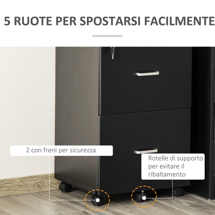 Cassettiera 2 Cassetti da Ufficio 43x45x72 cm con Ruote in MDF e Truciolato Nero
