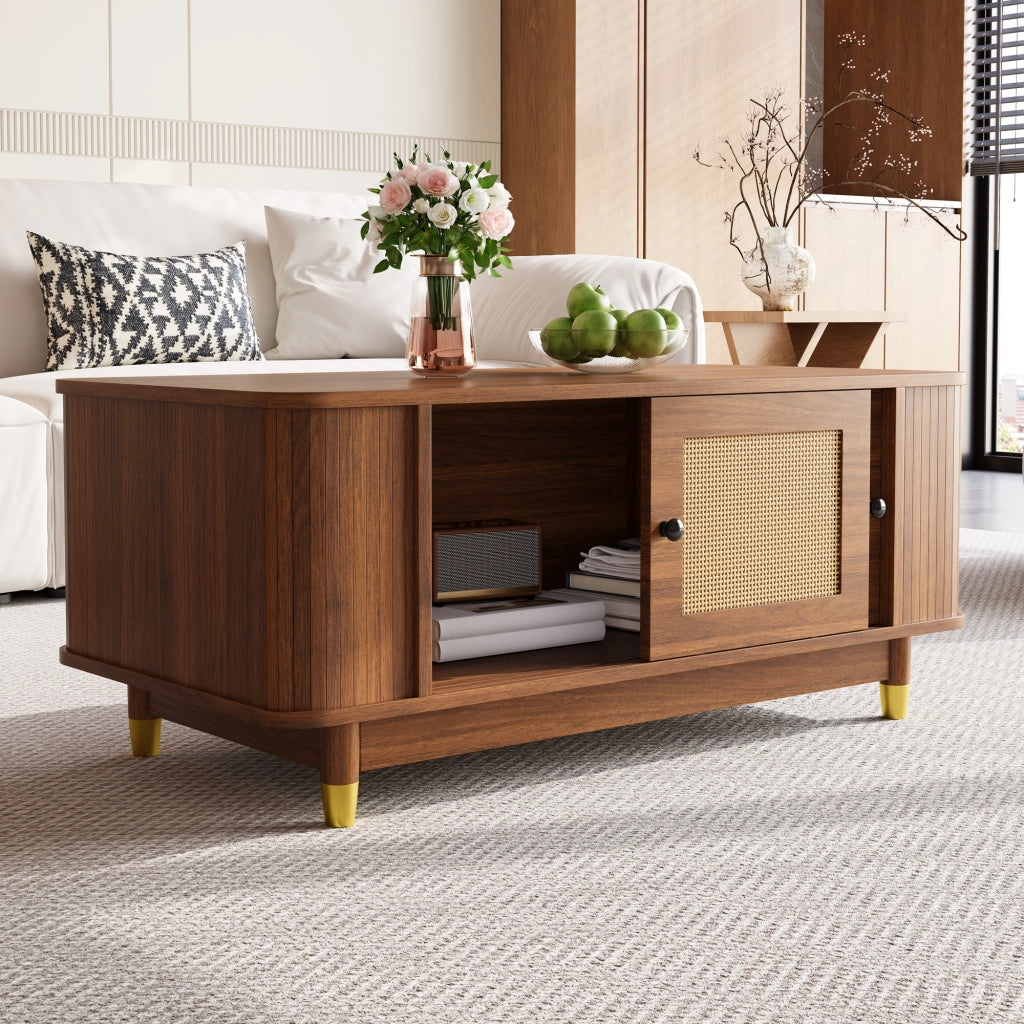 TAVOLINO da caffè con ante scorrevoli in rattan 100x50x42 cm MDF Noce