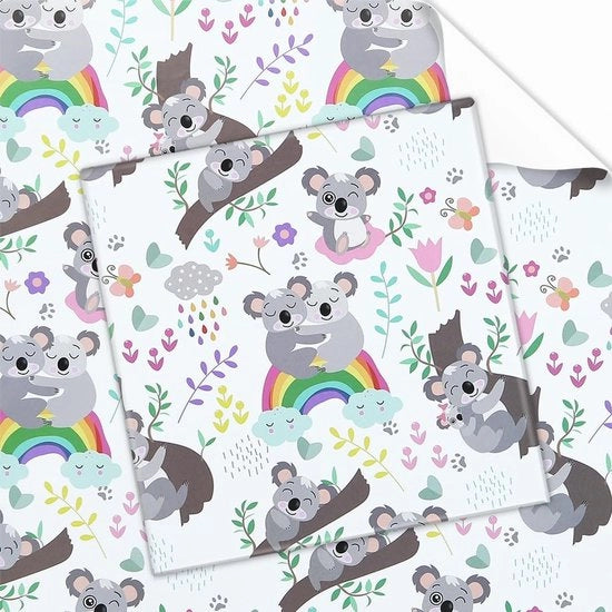 Papier di confezione a tema koala/arcobaleno - carta di confezione per bambini - confezione a rotolo - 4 fogli piani piegati - 50 x 70 cm per foglio - forte impatto visivo