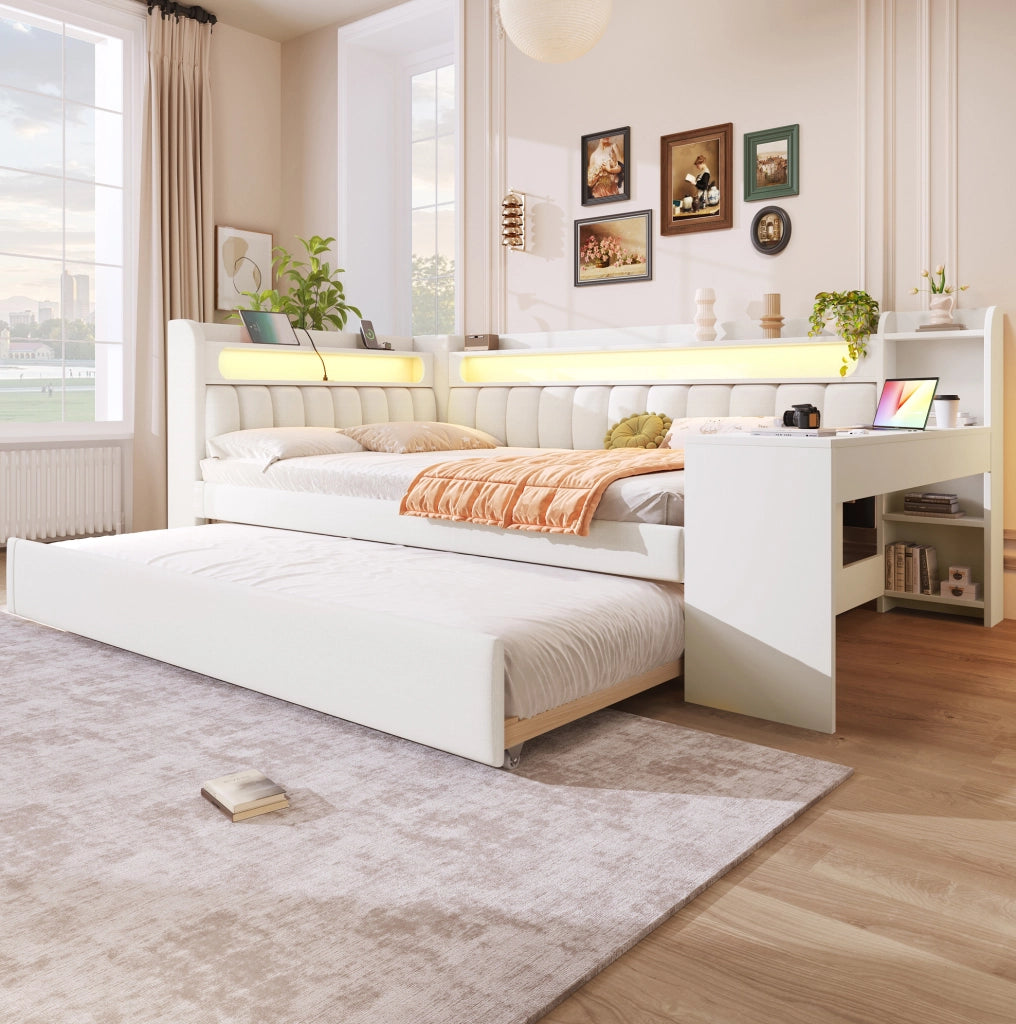 Letto da giorno imbottito 140x200 cm con LED, USB e scrivania