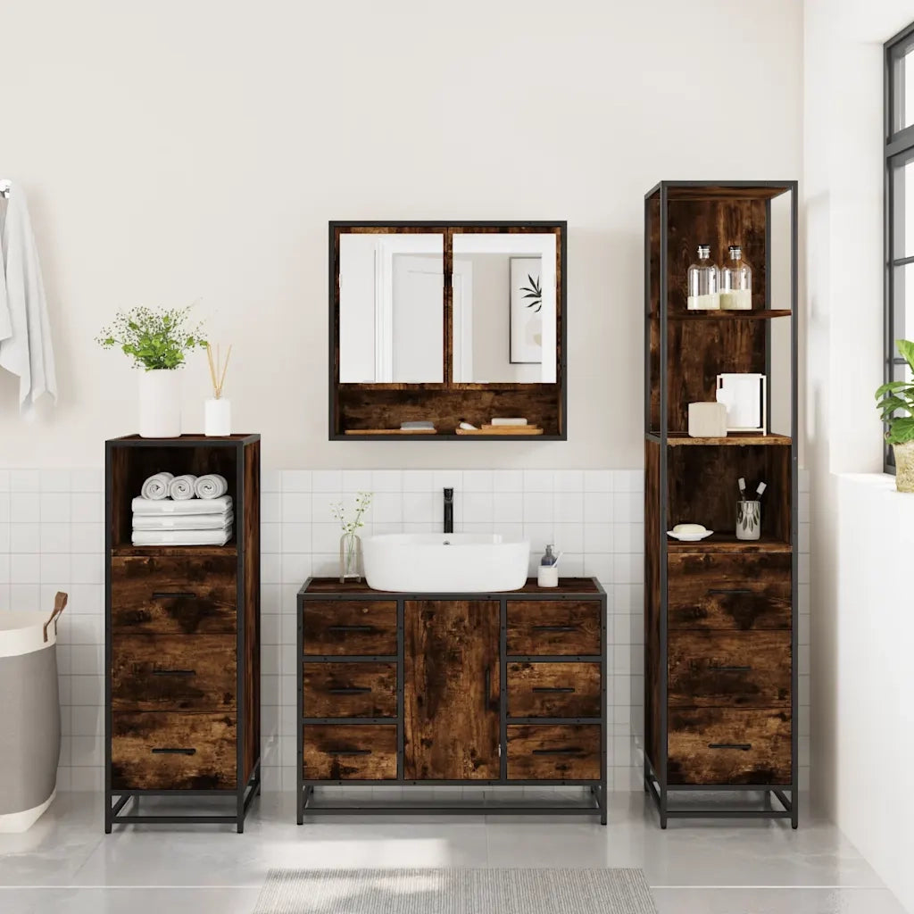 Set Mobili da Bagno 4 pz Rovere Fumo in Legno Multistrato