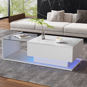 Tavolino da caff¨¨ bianco lucido 100x50x32 cm con piano in vetro, cassetto e illuminazione LED intelligente