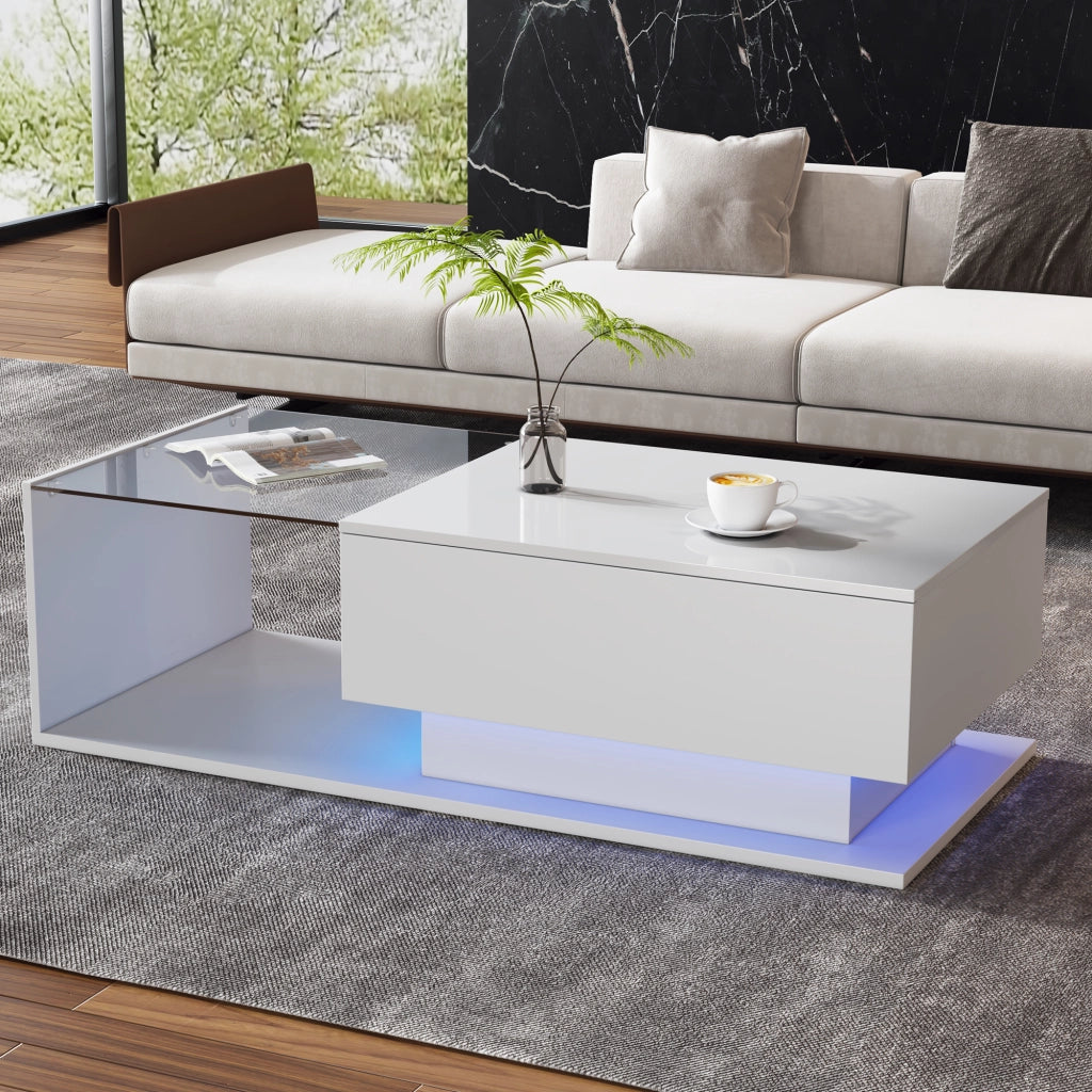 Tavolino da caff¨¨ bianco lucido 100x50x32 cm con piano in vetro, cassetto e illuminazione LED intelligente