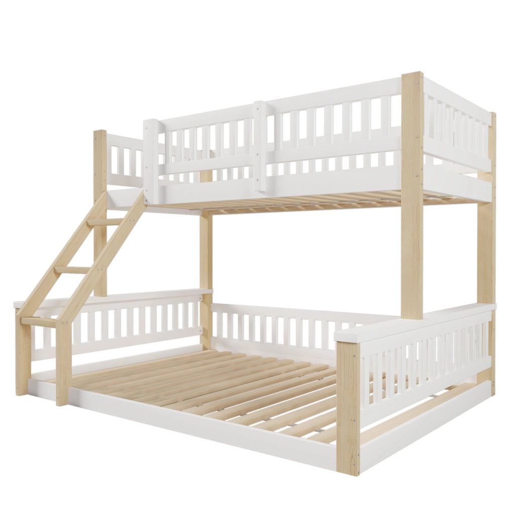Letto a castello in legno di pino 90x200 cm + 140x200 cm; bianco e naturale