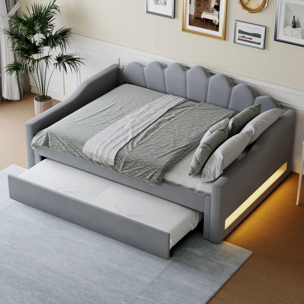 Letto a Divanetto 140 x 200 cm con Letto Estraibile e LED Regolabile - Grigio