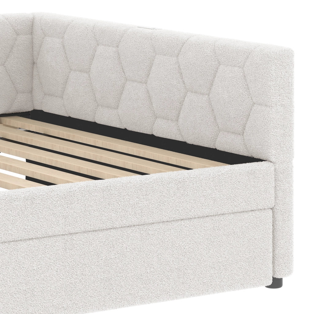 DESMIU Lit banquette 140 × 200 cm 2 places avec lit gigogne, lampe de chevet, USB, Type-C, sans matelas, blanc