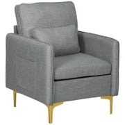 Poltroncina Moderna con Tessuto effetto Lino, Gambe in Acciaio e Tasche laterali, 72x72x90cm, Grigio