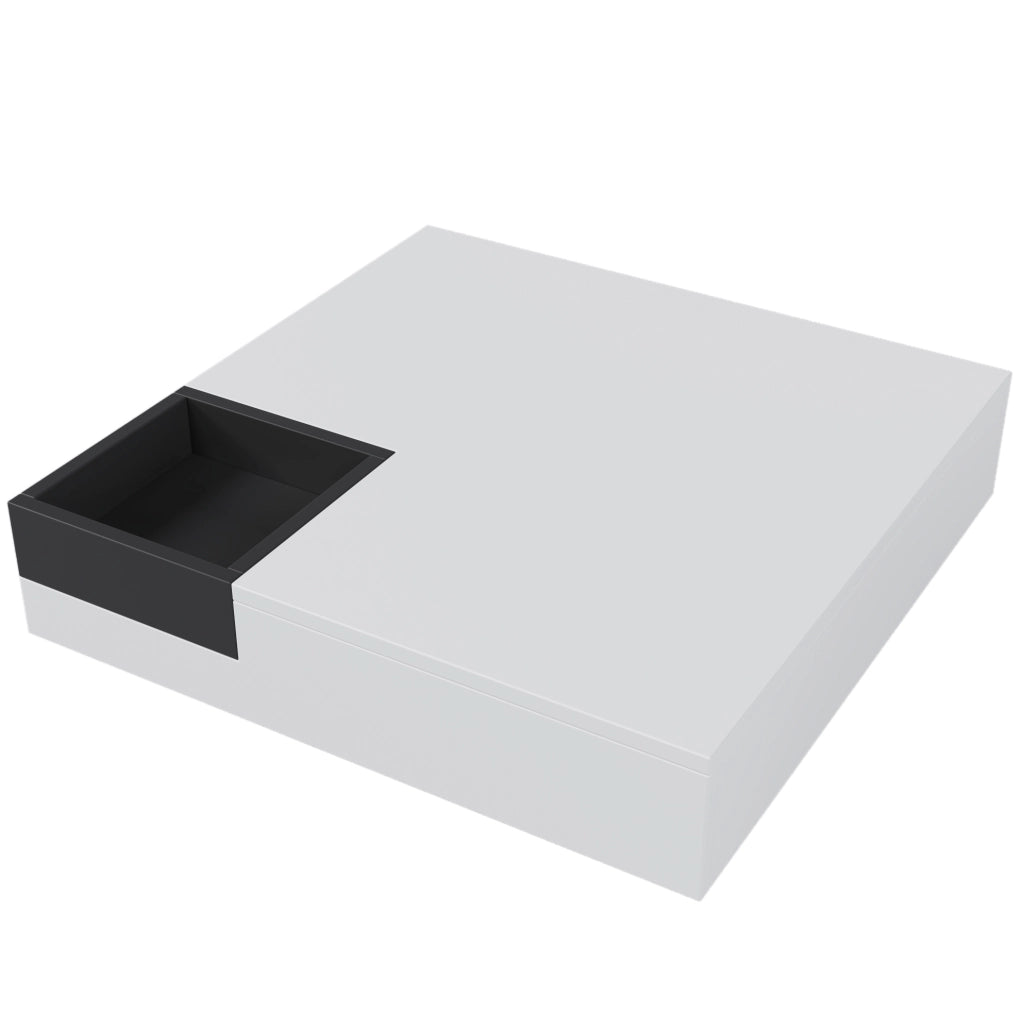 Tavolino da salotto 72x72x30 cm in truciolare bianco e nero lucido con box contenitore e LED