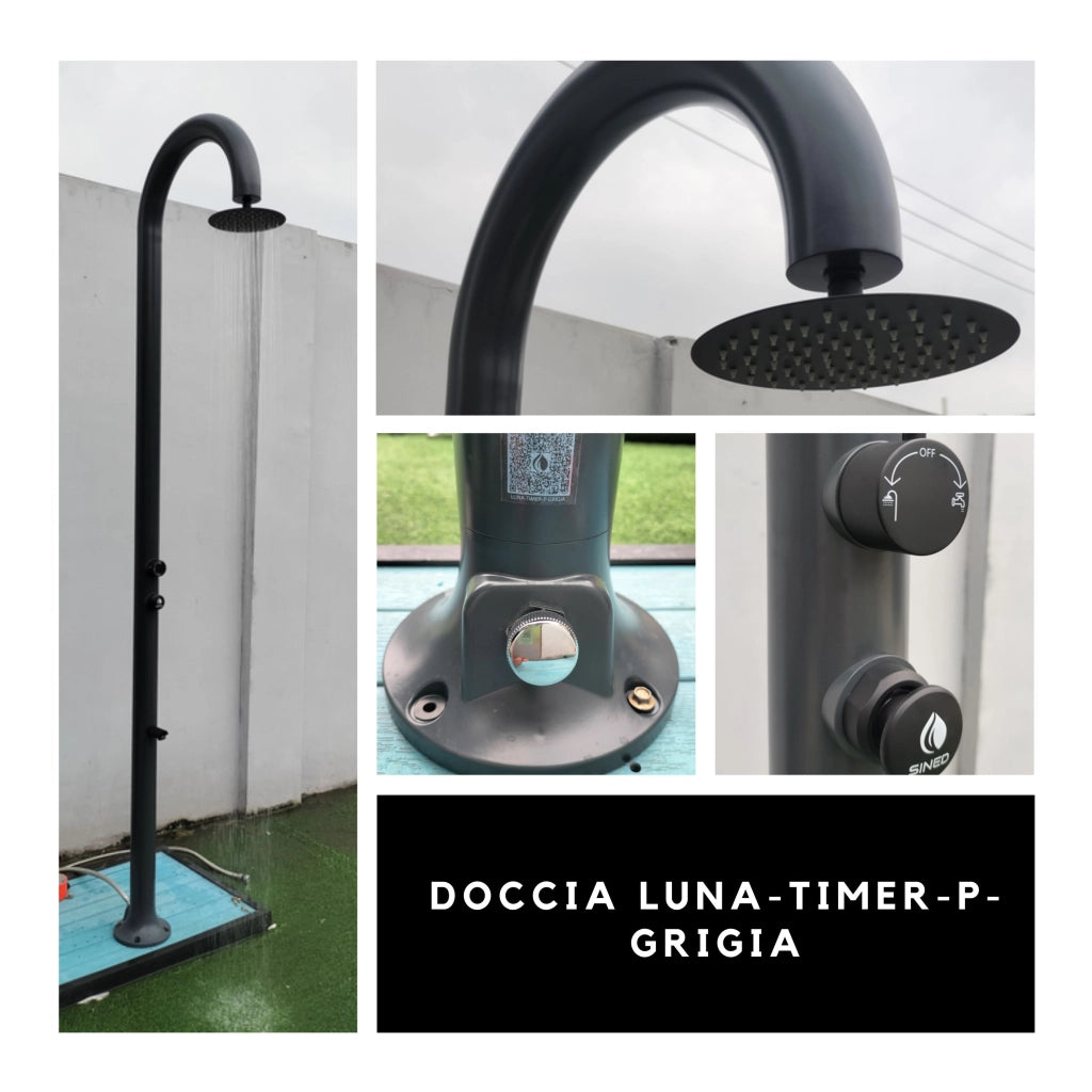 Sined Luna Timer p Grigia Doccia In Alluminio Doppio Attacco Acqua Fredda Laterale o Inferiore Su Un Unico Tubo Interno Doccia Acqua Fredda Temporizzata Con Soffione Lavapiedi e Miscelatore Grigio