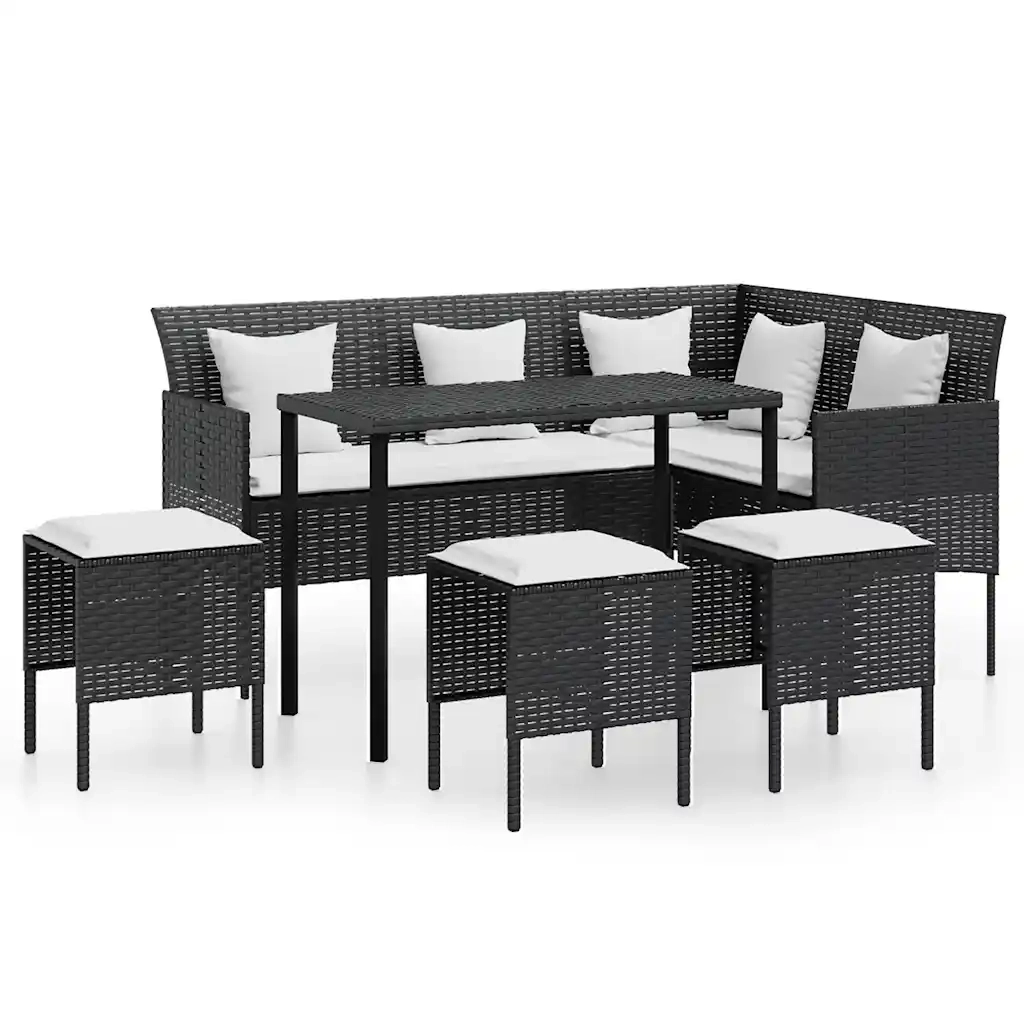 Set Divano a L con Cuscini 5 pz | Set Salotto da Giardino Nero in Polyrattan