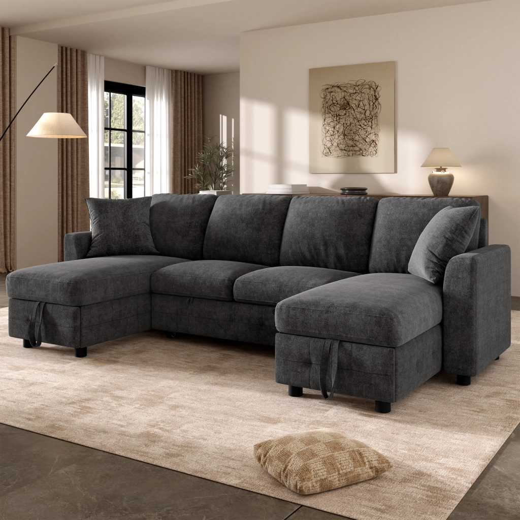 Divano letto con 2 chaise longue contenitore in chenille grigio scuro, con USB e Type-C, 260 × 128 × 82 cm