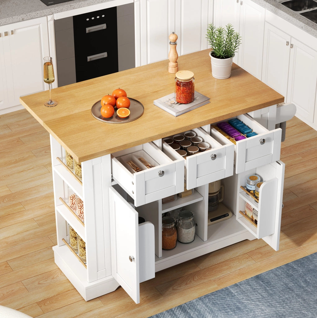 Isola cucina mobile 132x40(70)x87 cm con piano ribaltabile; prese integrate in MDF bianco e naturale