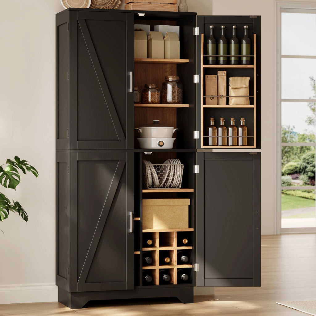 Credenza alta con 4 ante stile barn door, portabottiglie e vani aperti, 80 x 40 x 180 cm