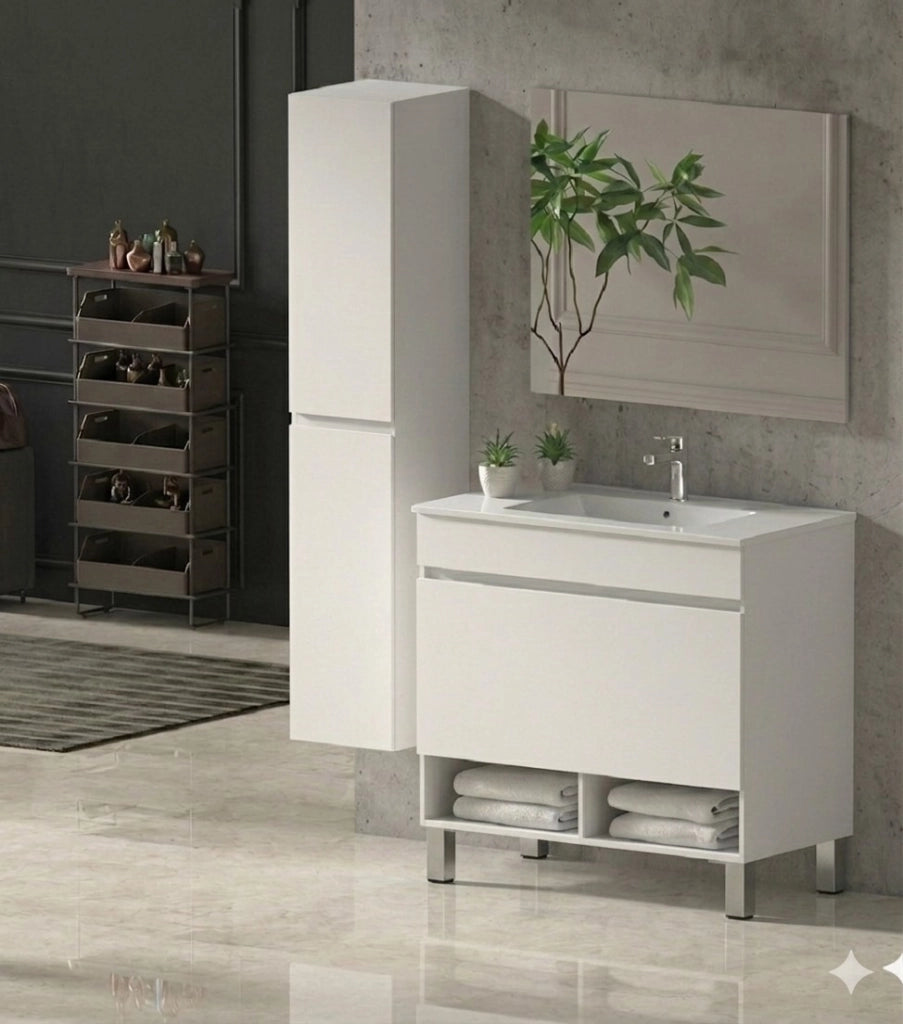 Mobile Bagno NEBARI com gambe Già Montato 1 cassetto, lavabo e specchio Bianco lucido 100x45 cm con colonna