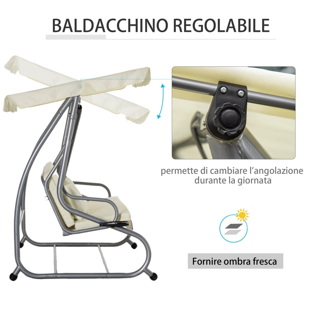 Dondolo Letto da Giardino 3 Posti 200x120x164 cm con Tetto Regolabile e 2 Portabicchieri Crema