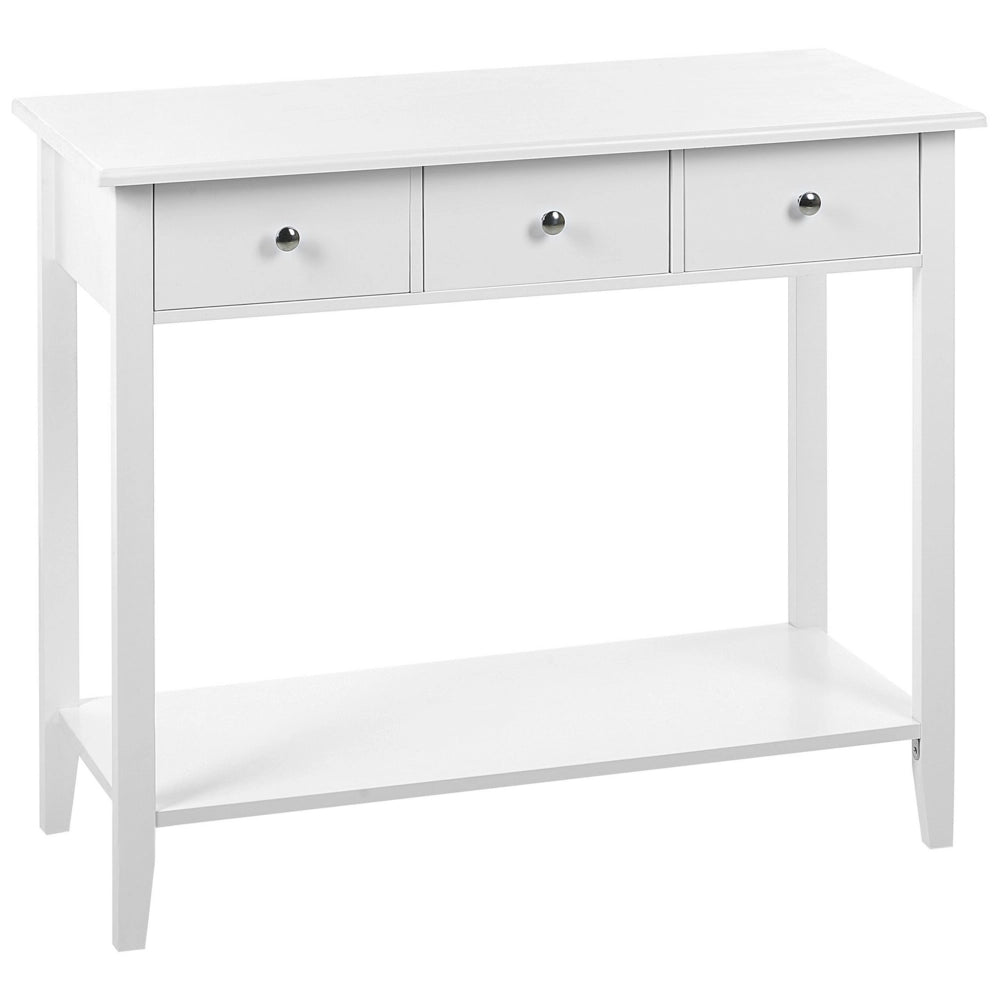 Tavolo Consolle Bianco MDF Gambe Legno 90 x 40 x 75 cm 3 Cassetti Scaffale Corridoio Mobili Soggiorno Stile Moderno