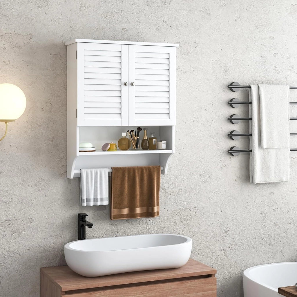 Armadio da Bagno Sospeso con 3 Ripiani, Pensile da Bagno, con Portasciugamani e Ripiano Regolabile, 58x22x75cm, 3 Colori