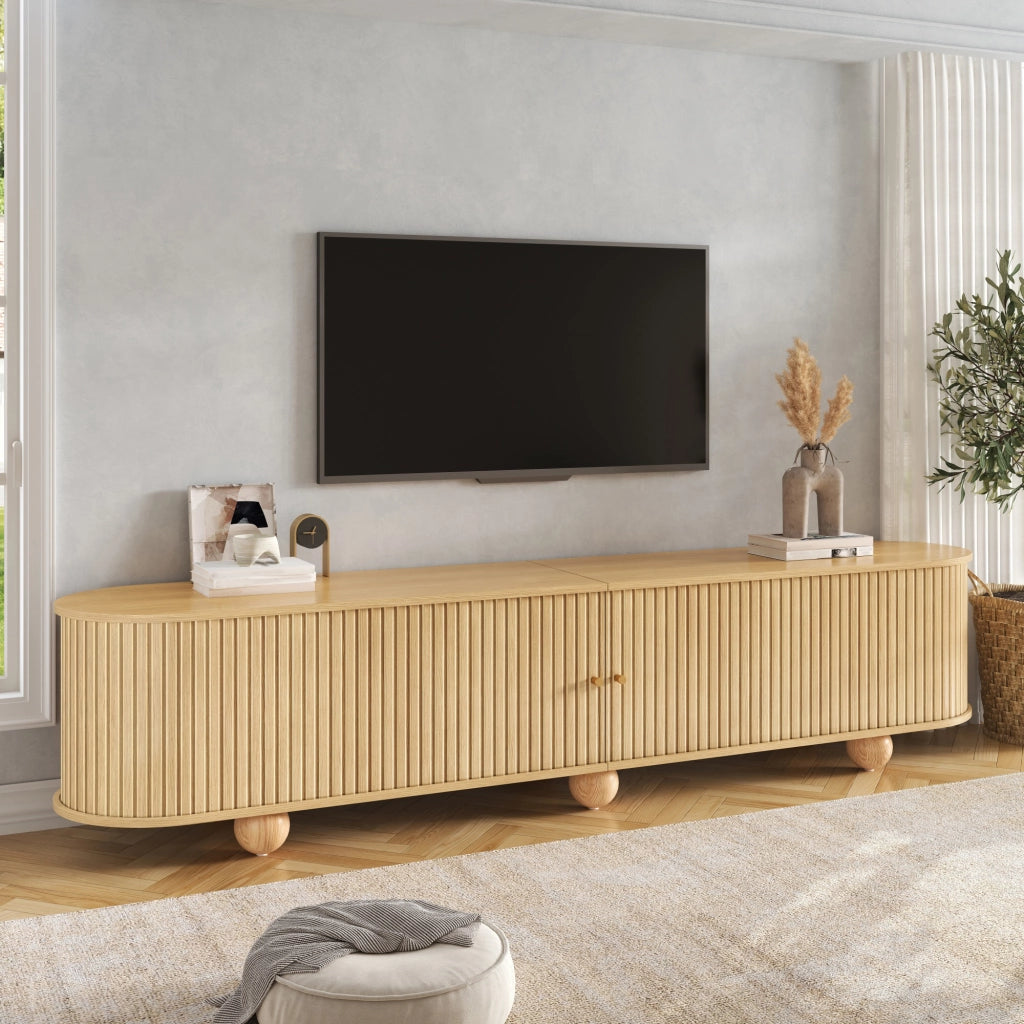 Mobile porta TV con 2 ante scorrevoli e 4 vani, stile retrò, per soggiorno, in MDF, naturale, 180 × 35 × 45 cm