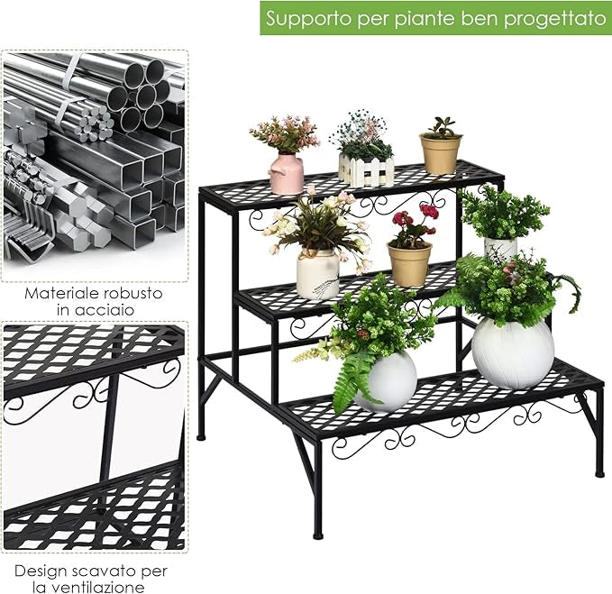 Scaffale Portafiori a 3 Ripiani, Porta Piante da Esterno e Interno a Scala, Scaffale Porta Vasi di Metallo per Balcone, Soggiorno e Giardino