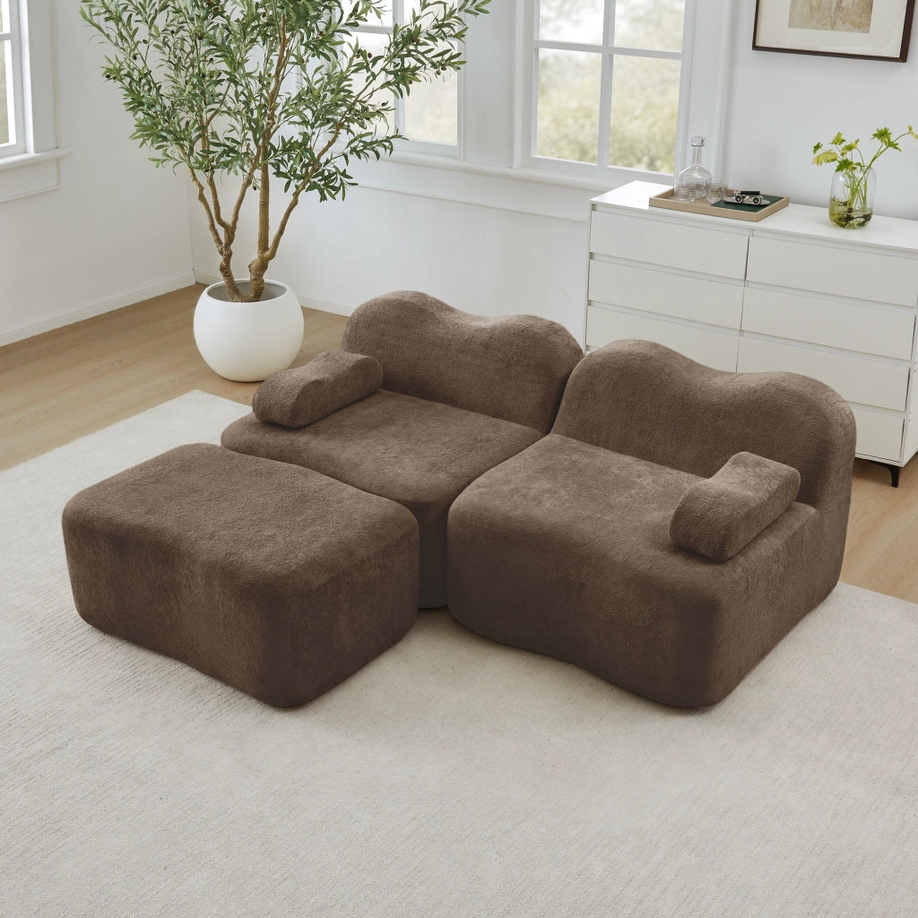 Divano modulare angolare 2 posti con pouf e cuscino bracciolo mobile design ondulato in velluto marrone