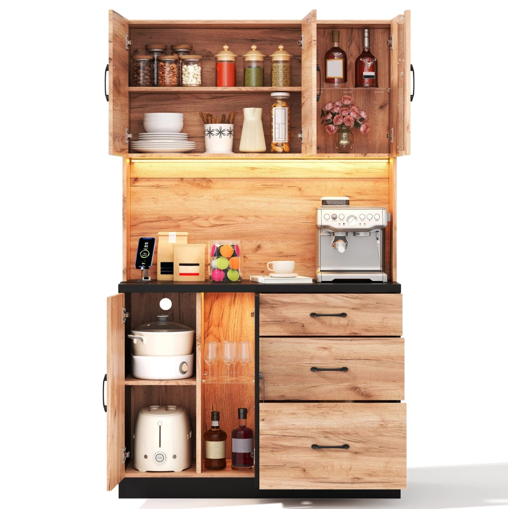 Colonna cucina in MDF con LED; 3 cassetti; ripiani regolabili e prese USB/EU; 105 × 40 × 180 cm