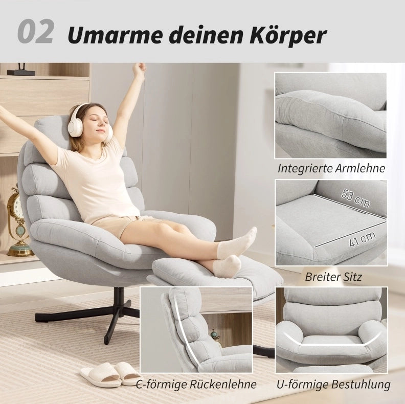 Poltrona relax girevole con pouf in ciniglia crema