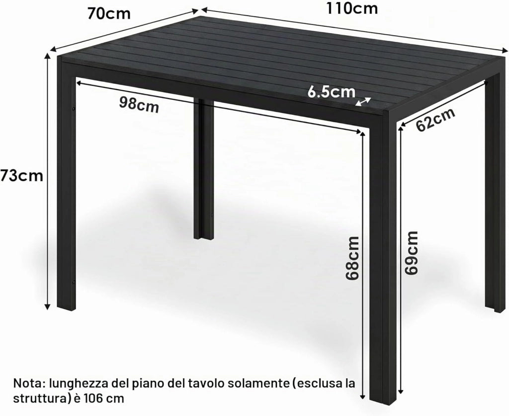 Tavolo da Giardino Moderno in WPC 110 x 70 cm, Tavolo da Pranzo per Esterno per 4-6 Persone, Tavolo da Balcone Salvaspazio in Alluminio, Design Effetto Legno,Nero