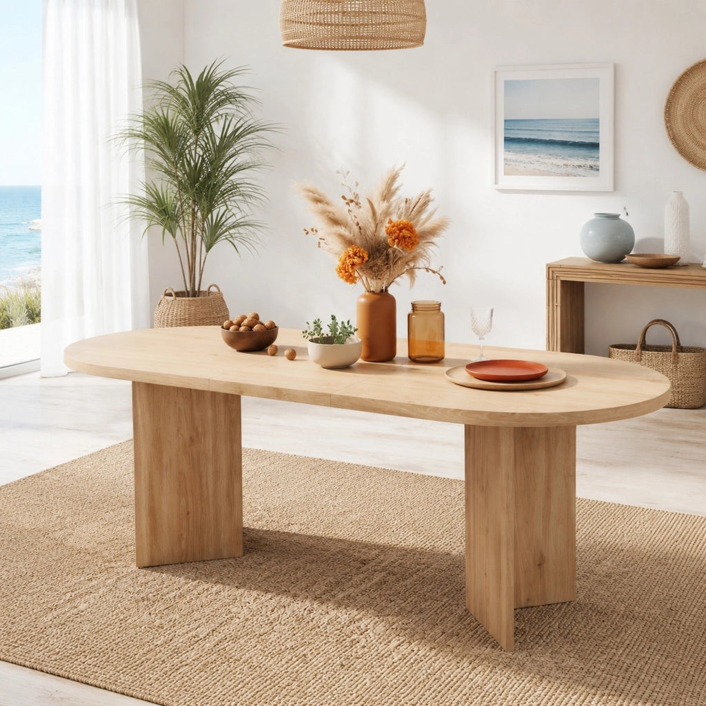 Tavolo da pranzo per 6 persone con piano spesso e angoli arrotondati per sala da pranzo; 160×80 cm; in MDF; rovere