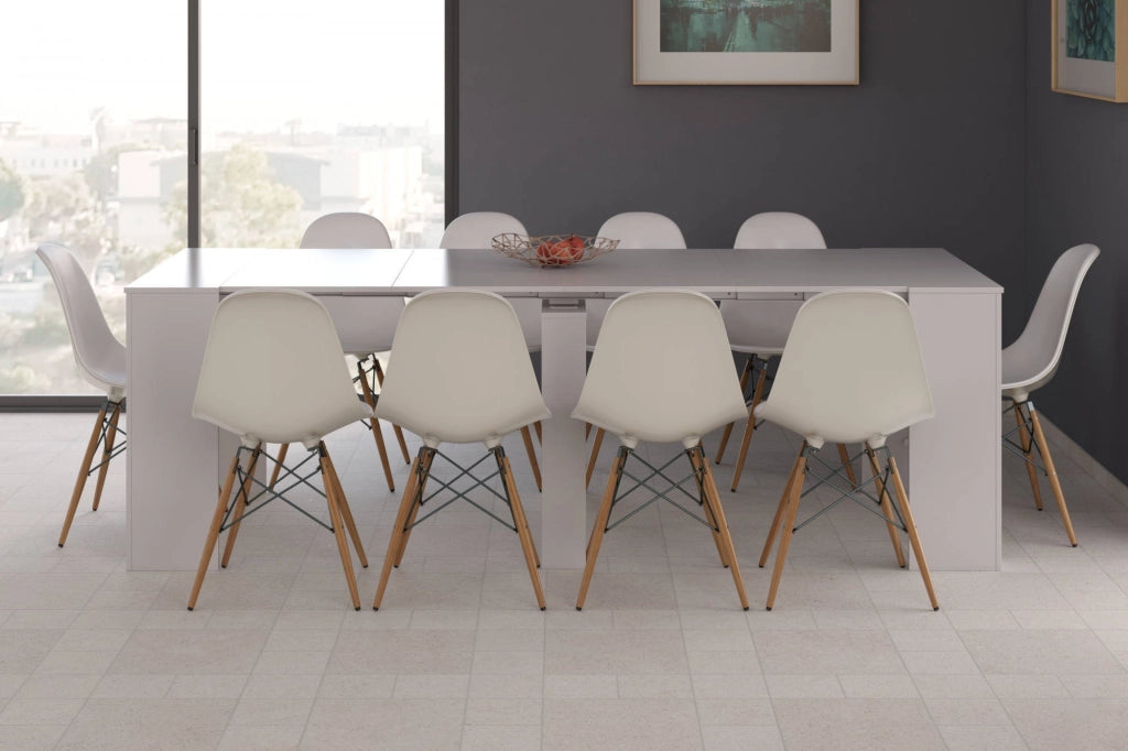Consolle Abicitren, Tavolo da pranzo allungabile, Tavolo con allunghe multiuso estensibile fino a 10 posti, cm 51/237x90h78, Bianco Lucido