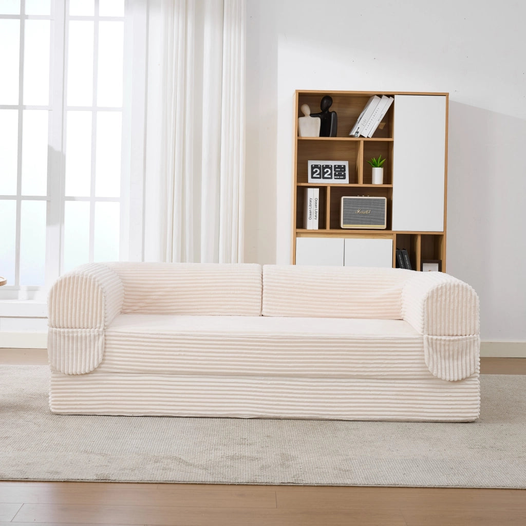 Divano letto convertibile a 2 posti in tessuto a coste con struttura stabile e braccioli imbottiti beige compatto