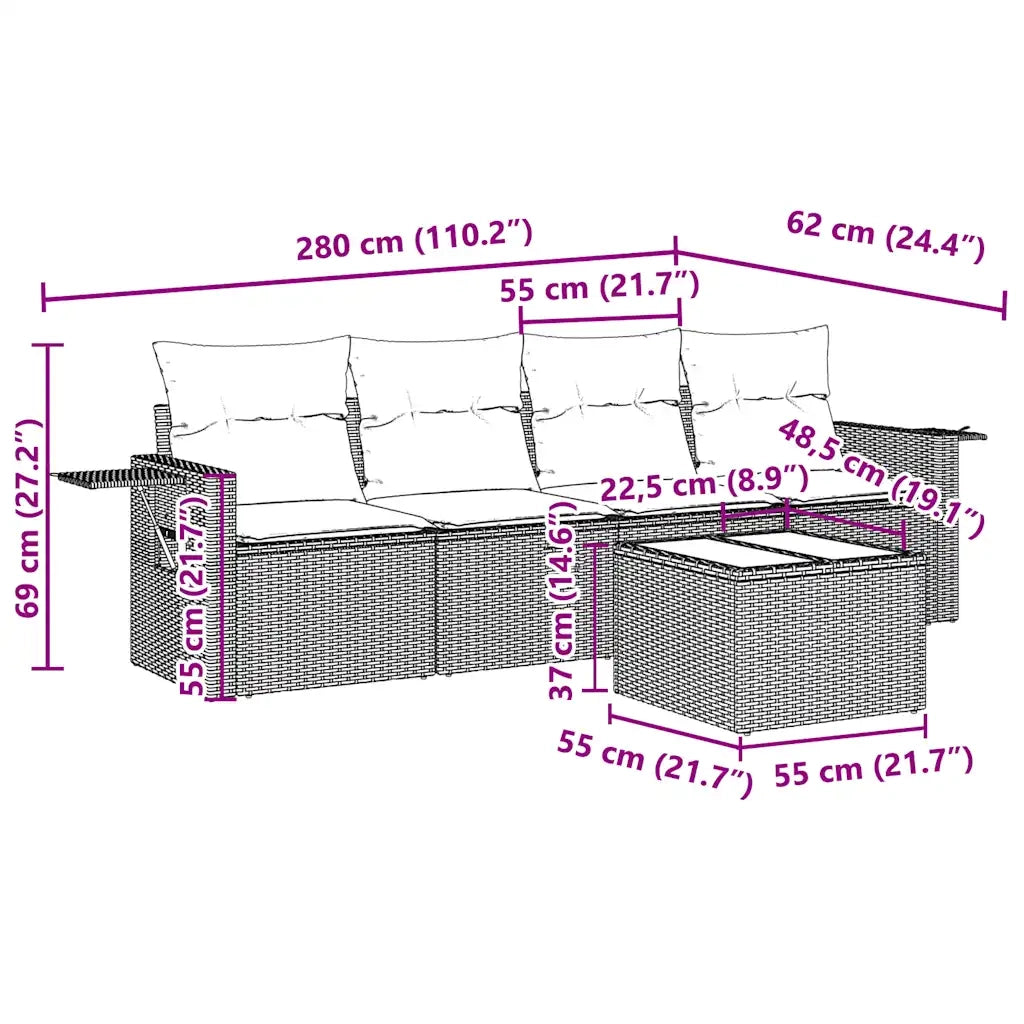 Set Divano da Giardino 5pz con Cuscini Grigio Chiaro Polyrattan