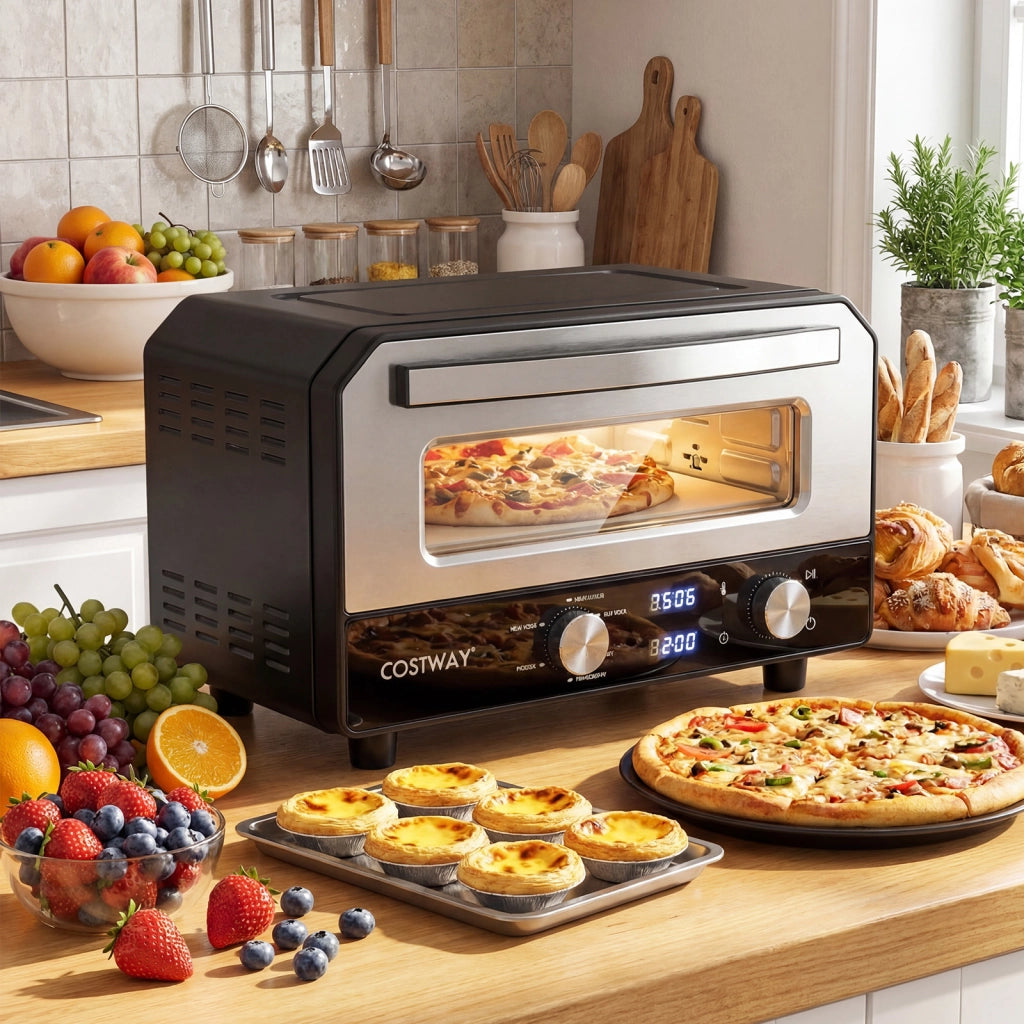 Forno elettrico per pizza da interno con pietra refrattaria e 6 modalit¨¤ preimpostate, Forno da banco per pizze 30 cm con cottura rapida fino a 400¡æ
