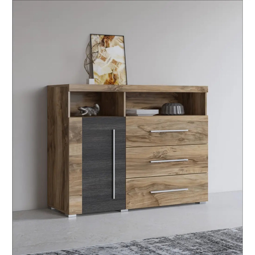 Buffet BRAZZA 1 porta 3 cassetti – Mobile compatto in noce satinato – Niche visibili – 119 cm