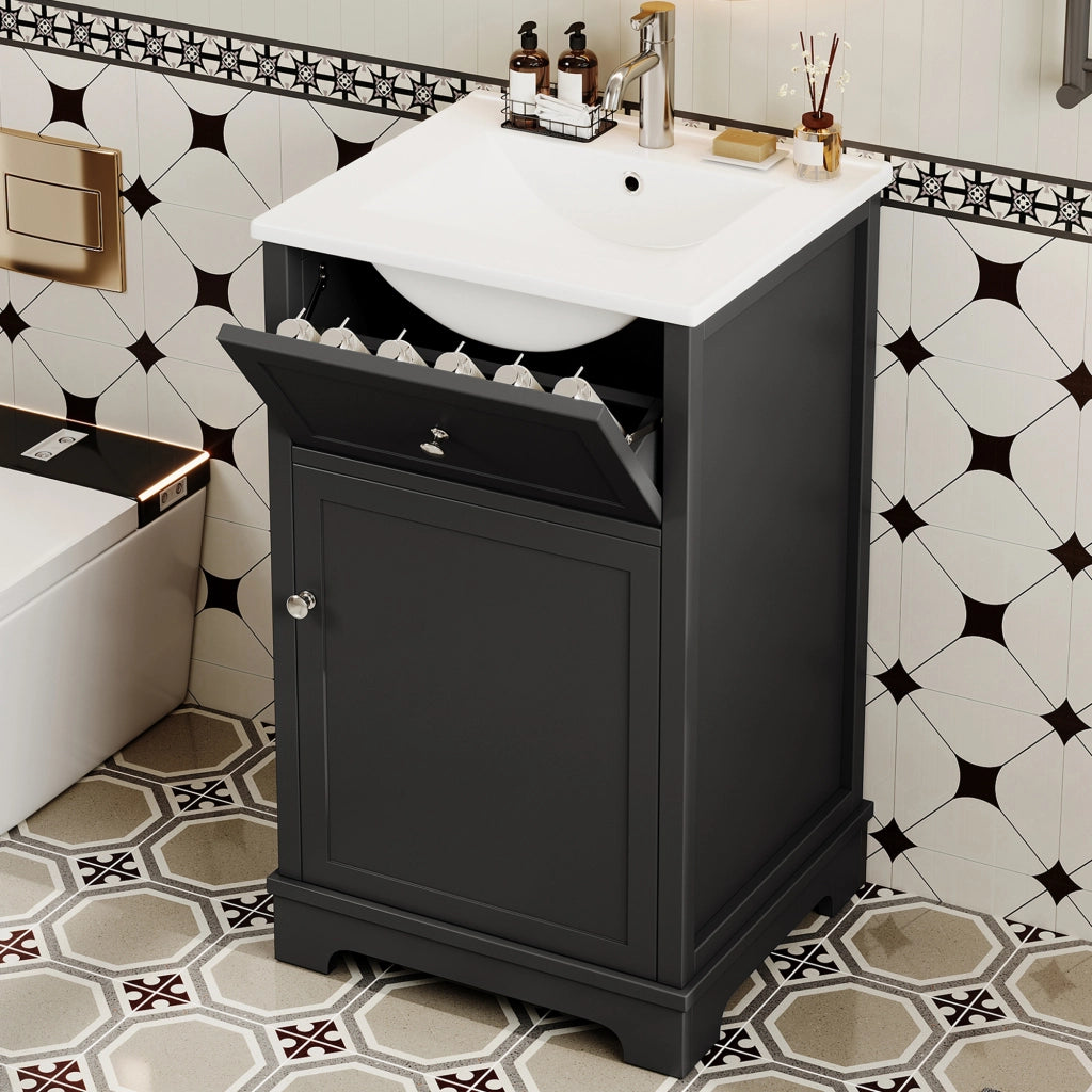 Mobile sottolavabo con lavabo integrato 1 cassetto 1 anta e ripiano regolabile in ceramica e MDF nero 51 × 46 × 87 cm