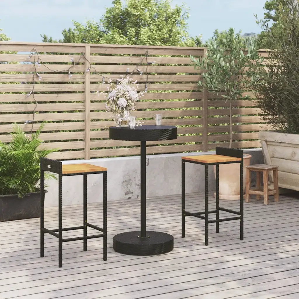 Set Bar Giardino 3 pz | Set Salotto da Giardino Nero Polyrattan e Legno Massello Acacia