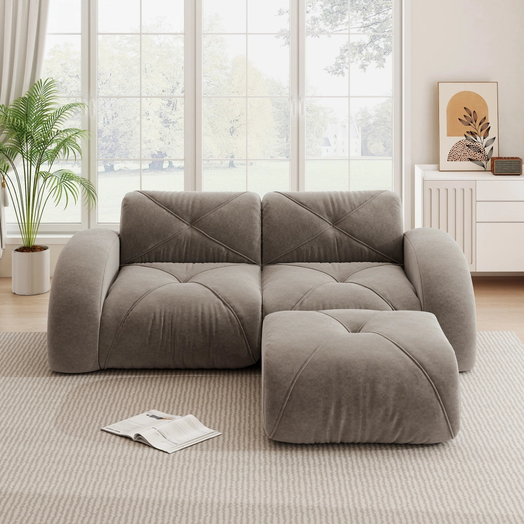 Divano modulare a 2 posti con pouf in chenille, schiuma 32D ad alta densità, design antiscivolo, taupe