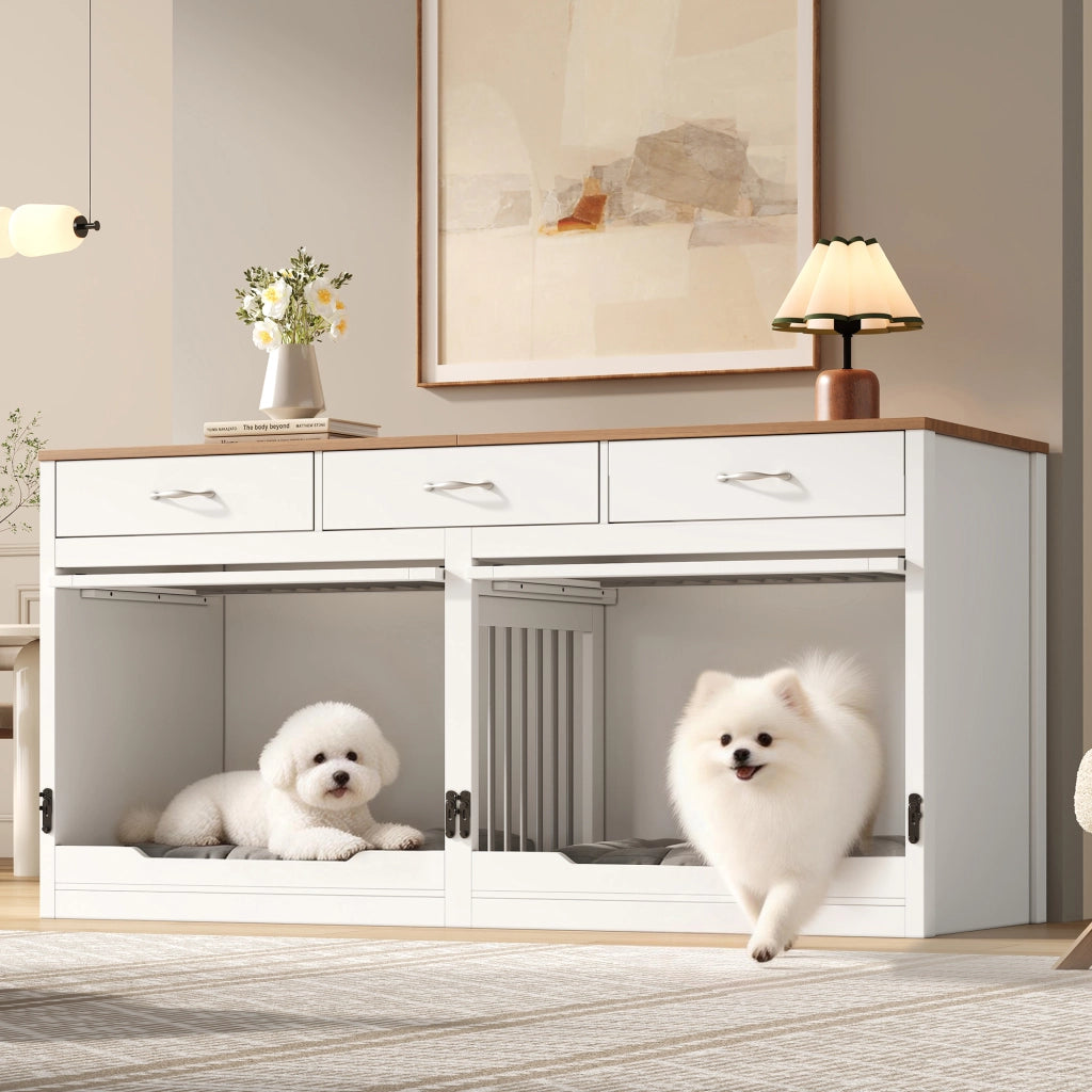 Cassa per cani in legno e metallo con 3 cassetti, porta ribaltabile e divisorio removibile, 164×60×81 cm
