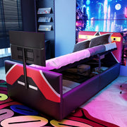 Letto imbottito nero con illuminazione led a cambio colore stoccaggio idraulico supporto tv 90x200 cm