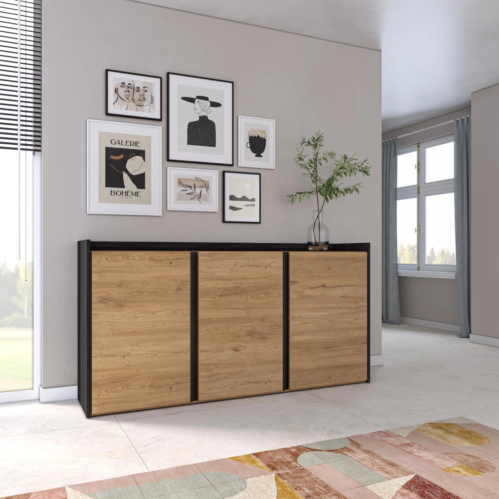 Credenza, Mobile, Cucina, 156x80x35 cm, 3 Porte, grande stoccaggio, Rovere e nero