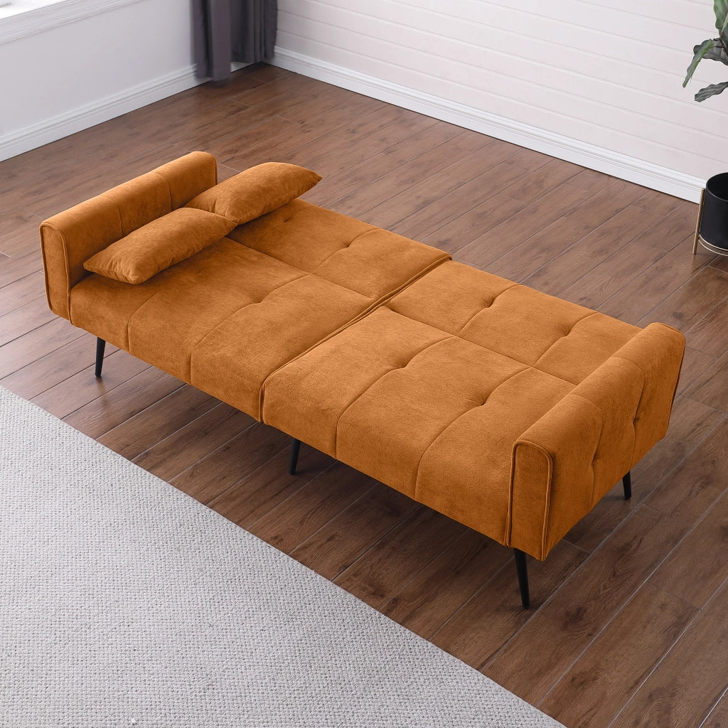 Divano letto futon pieghevole con struttura in legno e piedi in metallo in tessuto a coste arancione per salotto e studio
