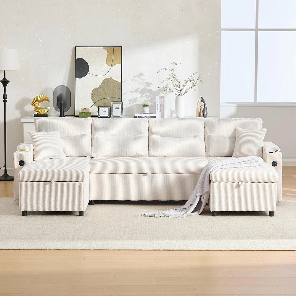 Canap¨¦ moderno in velluto per 4 persone - Xylo - Divano letto con chaise longue, vano portaoggetti e porte USB