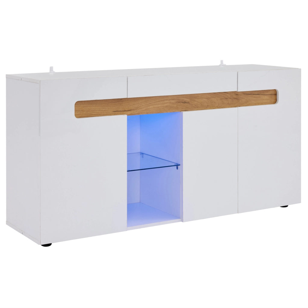 Credenza 140x40x70 cm con LED controllato da app e 3 ante in truciolato bianco e naturale