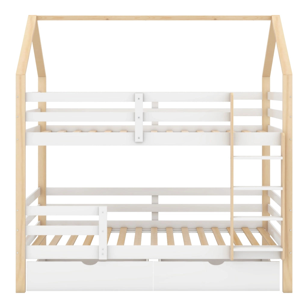 Letto a casetta per bambini 90x200 cm in legno di pino, con grandi cassetti e rete a doghe, bianco e rovere