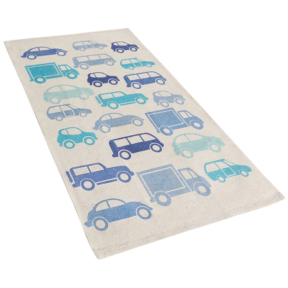 Tappeto per bambini Tessuto di cotone blu e bianco 60 x 90 cm Decorazioni per camerette rettangolari con motivo auto