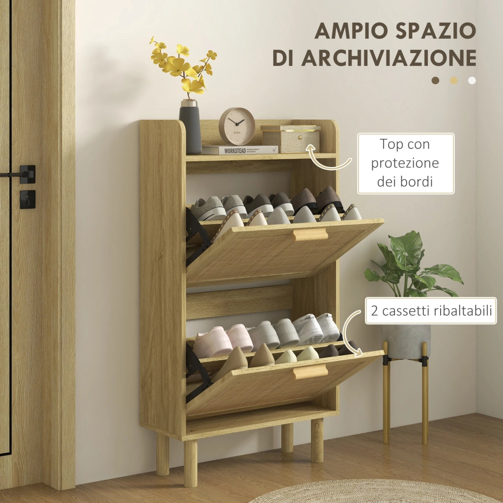 Mobile Portascarpe Stretto per Ingresso, con 2 Cassetti Ribaltabili, Ripiani Regolabili e Piano Superiore, Rovere