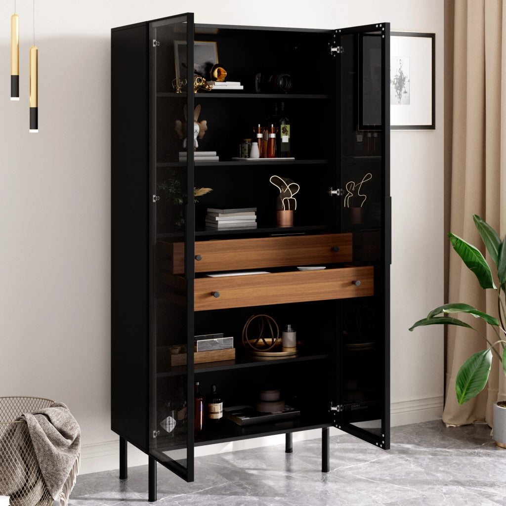 Vetrina con 2 ante in vetro, LED controllato da app, 2 cassetti e ripiani, per soggiorno, nero, 70 × 36 × 170 cm