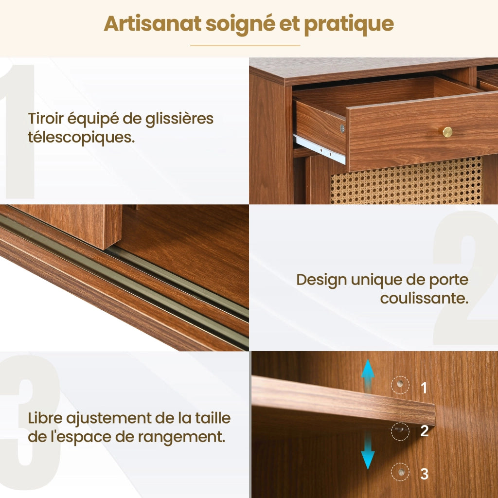 Credenza con 3 Cassetti e 3 Ante Scorrevoli; Frontali in Rattan; Ripiani Regolabili; in MDF; 120??40??78 cm; Noce