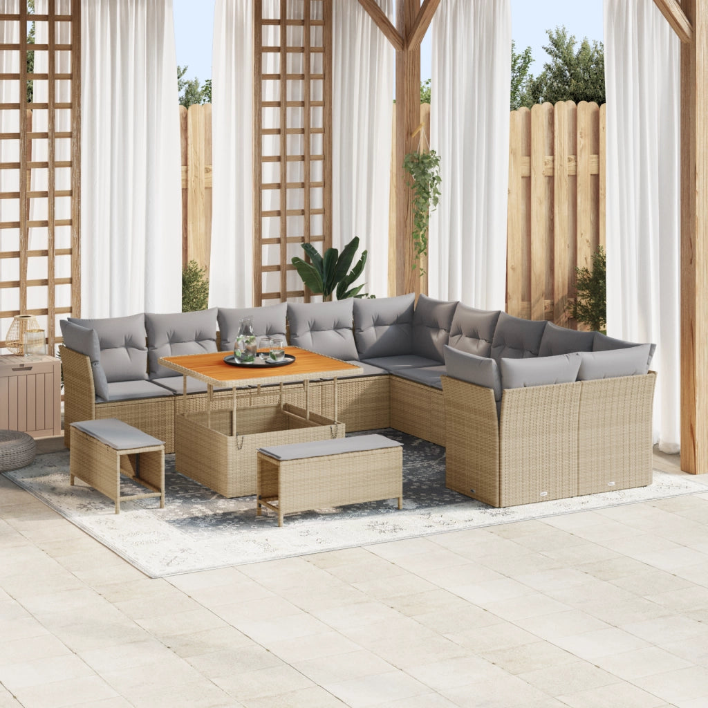 Set Divano da Giardino da 13 Pezzi con Cuscini Beige Polyrattan Acacia